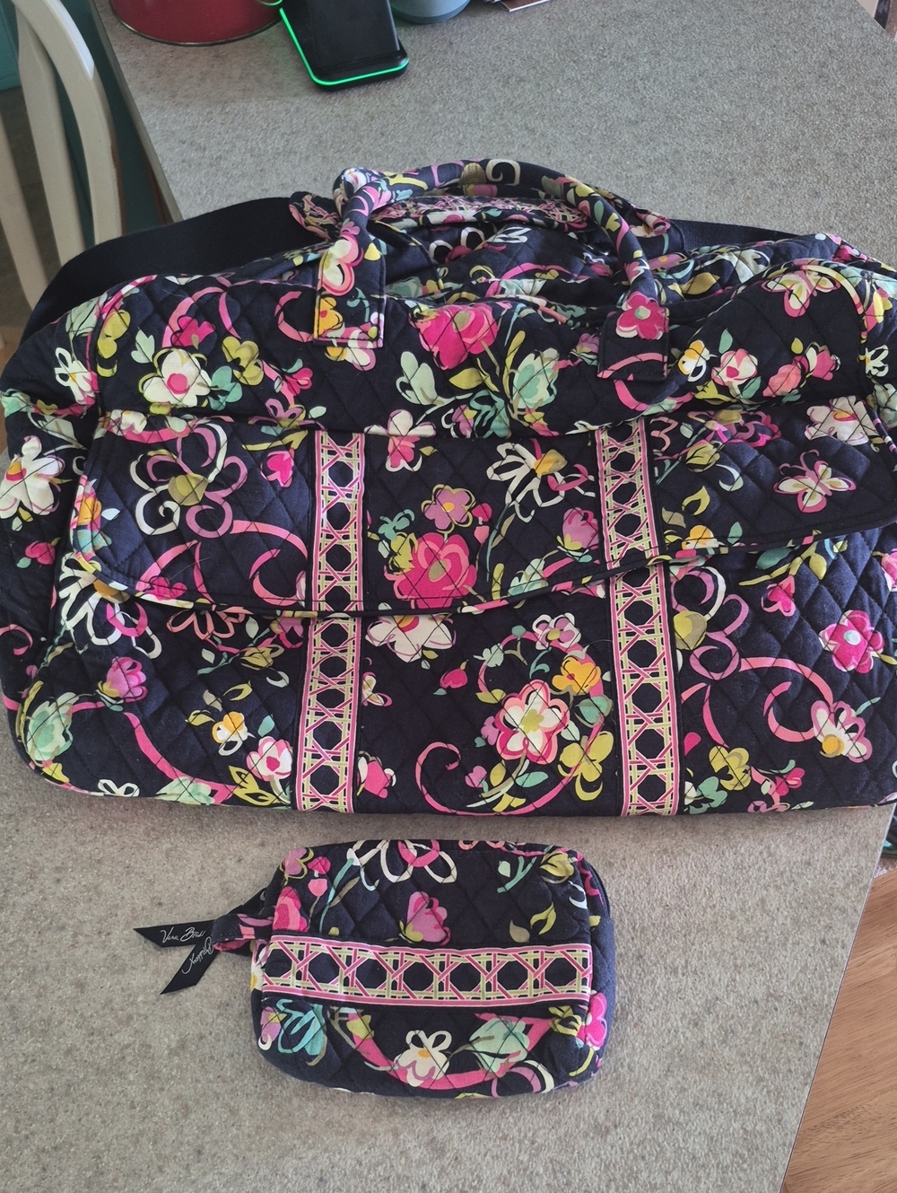 Quilted Floral Travel Tote Bag in Black and Pink